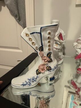 Decorative White Porcelain Victorian Boot with Pink Floral Accents